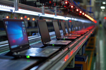 Poster - Line of laptops being assembled on an automated production line in a modern factory