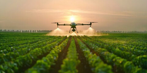 Wall Mural - Aerial view of drone spraying pesticides on crops in morning sunlight. Concept Agricultural Drone, Crop Spraying, Morning Sunlight, Aerial View, Pesticide Application