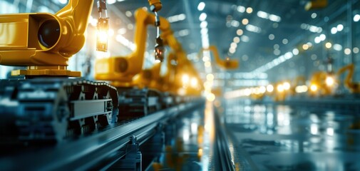 Aufkleber - A factory with many robots and a yellow robot in the foreground