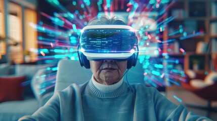 Poster - A man is playing a video game with a virtual reality headset. The game is colorful and the man is fully immersed in it. Scene is fun and exciting