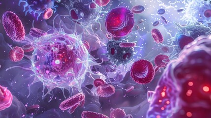 Poster - A digital illustration depicts a microscopic view of the immune system with various cells, including white blood cells, fighting against an infection.