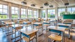 © Natalie - Empty Classroom. Back to school  interior with Chairs and Desks. Studying lessons in secondary education. generative ai