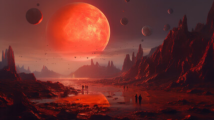 Poster - Space landscape on alien planet with mountains and sun in the style of 80s sci-fi book art.
