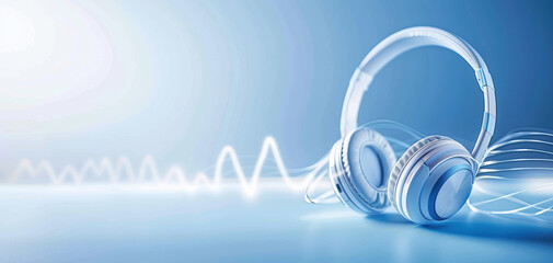 Poster - A pair of white headphones is placed on a blue background