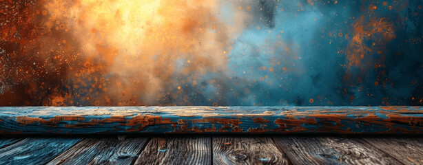 Wall Mural - Wooden Table Top on Light Blue and Brown Blurred Background for Product Display