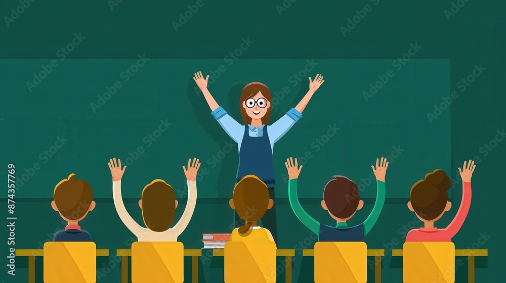 Ilustración de Stock A teacher is standing in front of a green board ...