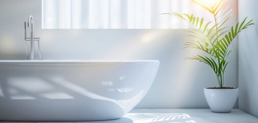Poster - A white bathtub with a plant in a white vase next to it