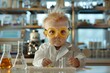 © Artem - Baby working as a scientist, dressed in a lab coat and safety goggles, holding a test tube, standing in a laboratory, photorealistic still lives, ad posters