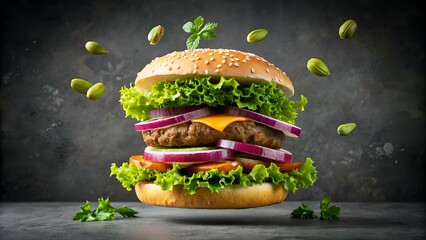 Double hamburger floating with lettuce onion and pickles gray background