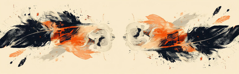 Wall Mural - abstract depiction of feathers and skulls in a balanced, minimalist design, using a limited color palette to emphasize the elements