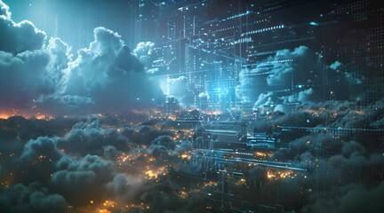 Canvas Print - A computer generated image of a city with a blue sky and clouds. The city is lit up with bright lights and the sky is filled with smoke. Scene is one of chaos and destruction