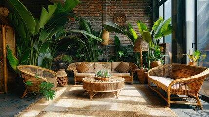 Poster - A living room with wicker furniture, lush greenery, and a large window overlooking a city skyline.