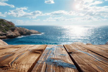 Wall Mural - Wooden Table Top with Blurred Beach and Blue Sky Background, Perfect for Summer Vacation and Product Display