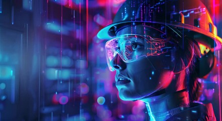 Canvas Print - A woman wearing a helmet and goggles is looking at a computer screen. The image has a futuristic and technological vibe, with the woman's appearance