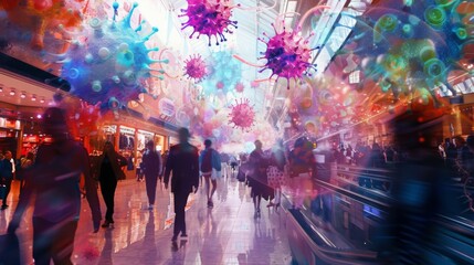 Poster - People are walking through a crowded shopping mall, with images of viruses superimposed over them.