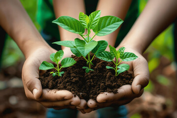 Hands holding young plant in soil, closeup, eco-awareness, nurturing growth, environmental sustainability, nature care, Earth Day, ecology concept, green background, community support