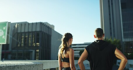 Canvas Print - Runner couple, city together and start workout with thinking, vision and ideas for fitness, health and exercise. Man, woman and outdoor in metro, street or sidewalk for training, wellness and support