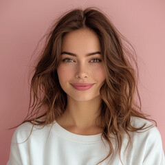 happy woman with brown wavy hair in white sweatshirt isolated on pastel pink background fashion magazine cover winner