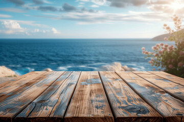 Wall Mural - Wooden Table with Blurred Sea and Sky Background for Summer Vacation Concept High Quality Photo
