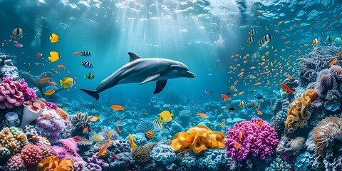 Wall Mural - Vibrant underwater scene with diverse sea life like fish dolphins and octopuses. Concept Underwater Photography, Marine Life, Colorful Creatures, Ocean Ecosystems, Underwater Exploration