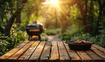 Wall Mural - Wooden Table for Product Display with Grilled Barbecue Backyard Garden in Sunny Spring Day
