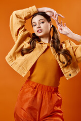 Stylish young woman in her 20s posing in a vibrant studio setting wearing a yellow jacket and orange pants against background.