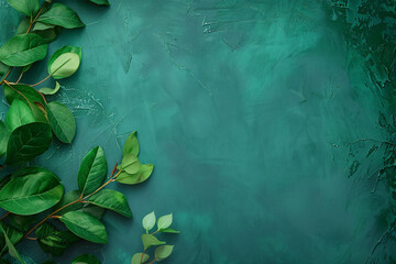 Poster - Minimalistic green background with leaves on the left side, top view. Mockup for design in the style of leaves.


