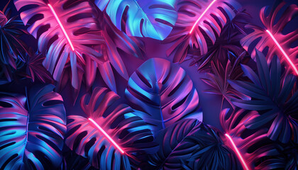 Poster - 3d Rendering Of Tropical Leaves With Neon Lights Creates An Eye-Catching Visual Display In A Vibrant And Lively Design.