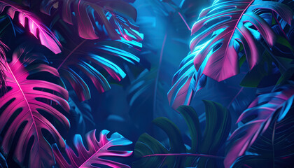 Poster - 3d Rendering Of Tropical Leaves Illuminated By Neon Lights. A Vibrant And Eye-Catching Visual Display Of Lush Green Foliage.