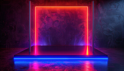 Poster - Neon-Lit Product Stand In Dark Room Background: 3d Rendering Showcasing A Blank Product Stand Illuminated By Neon Lights On A Dark Room Background.