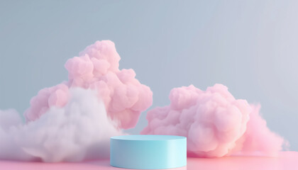 Poster - 3d Rendering Of A Soft Pastel Podium Featuring A Cloud Against A Beautiful Pastel Colored Background.