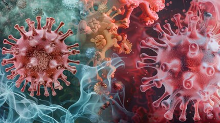 Aufkleber - Close-up of multiple coronavirus particles with a smoky blue background and red background.