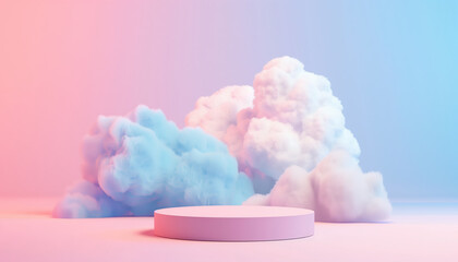 Poster - 3d Rendering Of Pastel Podium With Cloud On Pastel Colors Background Depicts A Soft, Dreamy Scene In A Virtual Environment.