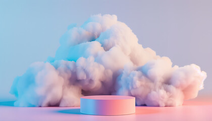 Poster - 3d Rendering Of Pastel Podium With Cloud On Pastel Colors Background. A Soft And Dreamy Design Perfect For Presentations.