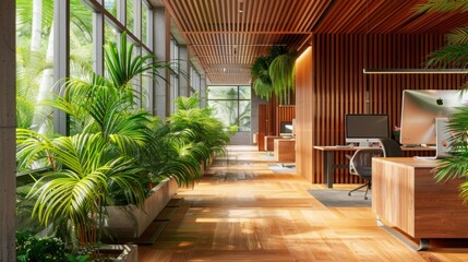 Poster - A modern office corridor with wood paneling and large windows overlooking greenery. The space is filled with potted plants, creating a natural and calming atmosphere.