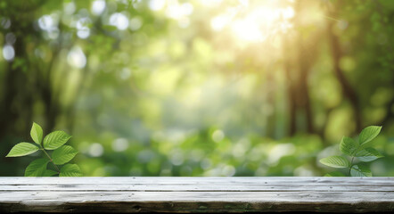 Wall Mural - Wooden Table in Green Forest with Blurred Nature Background and White Wood Surface for Product Display in Spring and Summer