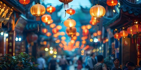 Wall Mural - Lively Asian market at dusk with lanterns and people evokes vibrant culture. Concept Travel, Asian Culture, Night Market, Lanterns, Vibrant Atmosphere