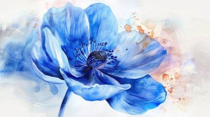 Wall Mural - bright blue anemone flower in watercolor hand drawn representation of spring blossom