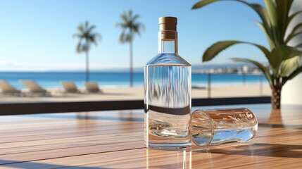 Wall Mural - a bottle of alcohol sits on a table next to a palm tree.