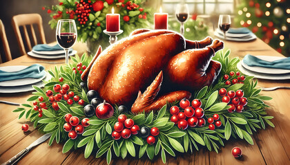 Poster - A turkey is surrounded by berries and candles on a table