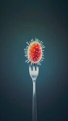 Creative close-up of a virus-like object on a fork, symbolizing health, disease, and food safety concepts on a dark background.