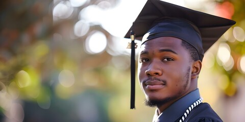 Wall Mural - Closeup portrait of African American student in graduation cap and gown. Concept Graduation Portrait, Closeup Shot, African American Student, Cap and Gown, Academic Achievement