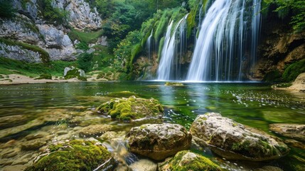 Wall Mural - A serene waterfall in a hidden glade, with moss-covered rocks and clear, cool water flowing into a pool below.