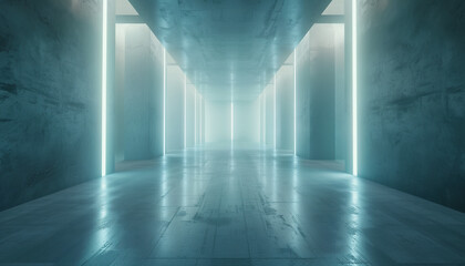 Poster - Futuristic Empty Floor And Room Sci-Fi Corridor With Showcase Lighting For Interior Display Products. Modern Cement Floor And Wall Background Technology Interior Concept. 3d Render.