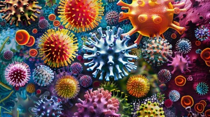 Poster - A digital illustration of a variety of colorful viruses, each with a unique shape and structure, set against a vibrant background.