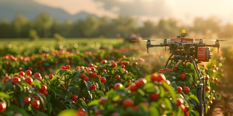 Wall Mural - Advancements in Agriculture Drone Pollinators and Automated Farming Machinery. Concept Agriculture Drones, Pollination Technology, Automated Farming, Agricultural Advancements