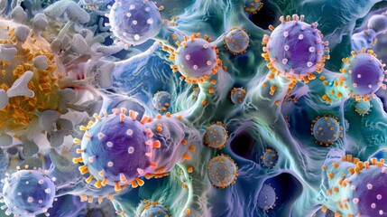 Aufkleber - Microscopic view showing viruses and cells interacting, with bright purple and orange colors. Viruses clustered with a background cell containing a yellow core.