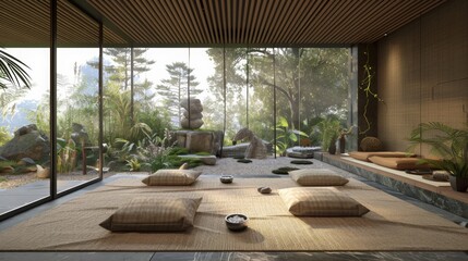 Poster - A room with large windows overlooking a zen garden, featuring a matted floor and cushions for seating.
