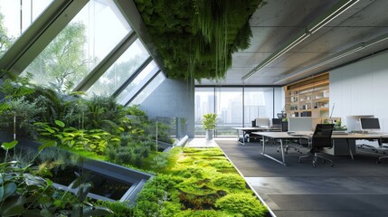 Poster - A modern office space with a green roof and a living wall, featuring an abundance of plants and natural light, creating a calming and productive work environment.