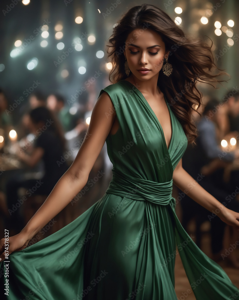 Graceful woman dancing in a flowing green dress at a sophisticated ...